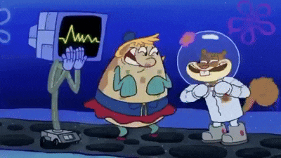 spongebob and sandy cheeks are dancing in front of a monitor with a heartbeat on it
