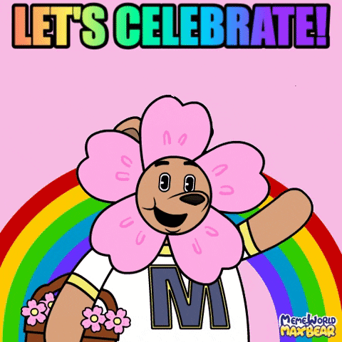 a cartoon of a teddy bear with a flower on his head and the words let 's celebrate