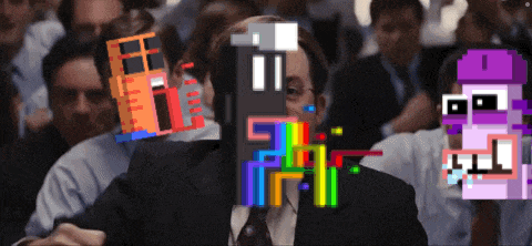 a man in a suit and tie stands in front of a crowd of people with pixelated faces on their faces