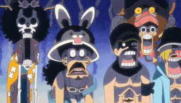 a group of cartoon characters with one wearing a rabbit hat