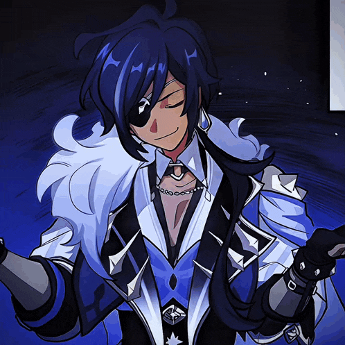 a cartoon character with blue hair and a necklace
