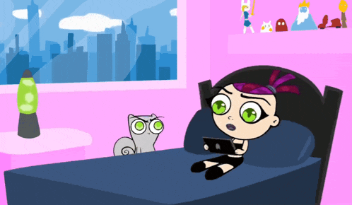 a cartoon girl is sitting on a bed with a cat