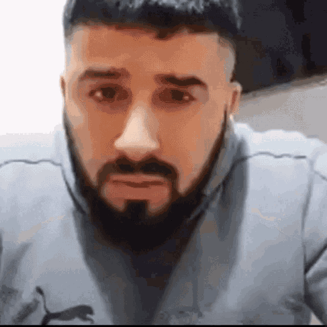 a man with a beard and mustache is wearing a gray sweatshirt and looking at the camera .