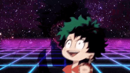 a cartoon character with green hair is standing in front of a purple and blue background with stars .