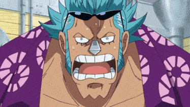 franky from one piece is wearing sunglasses and a purple top