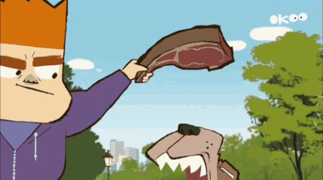 a cartoon of a man holding a large piece of meat in front of a dog with the word ok on the bottom