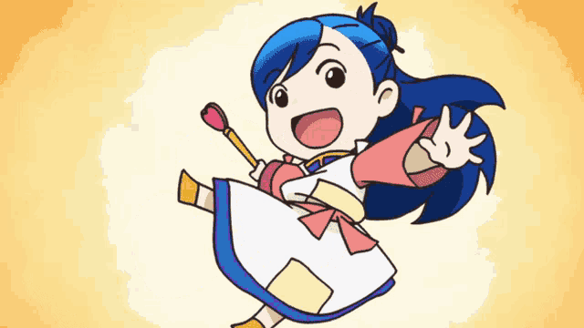 a cartoon drawing of a girl with blue hair and a white dress