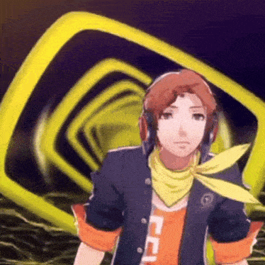 a cartoon character with headphones and a scarf around his neck has a yellow circle in the background