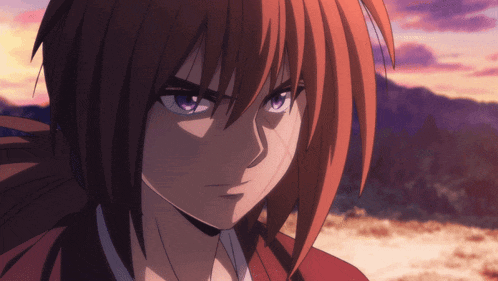 a close up of a person 's face with purple eyes and red hair