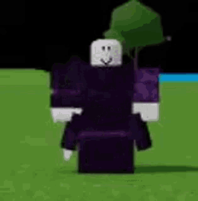 a roblox character in a purple outfit is standing in a field .
