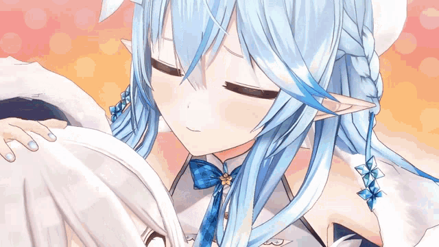 a close up of a girl with blue hair and white ears