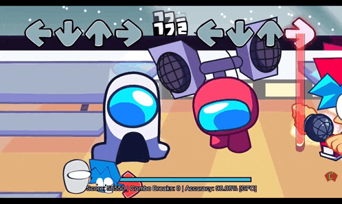 two among us characters are playing a video game with a score of 35550