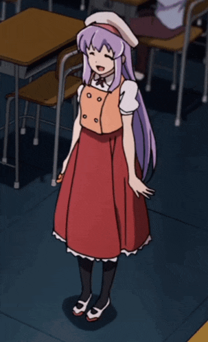a girl with long purple hair is standing in a classroom holding a light