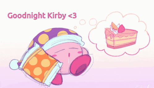 a cartoon of kirby sleeping and dreaming of a cake