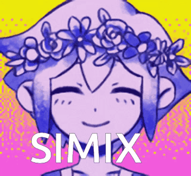 a girl with a flower crown on her head is smiling and the word simix is on the bottom