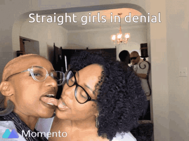 a couple kissing with the words straight girls in denial above them