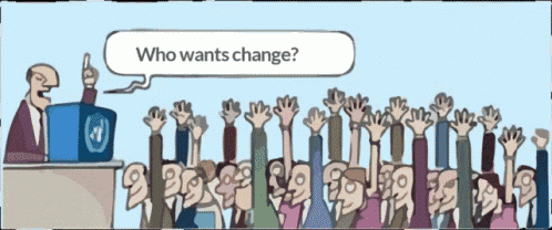a cartoon shows a man giving a speech and asking who wants change