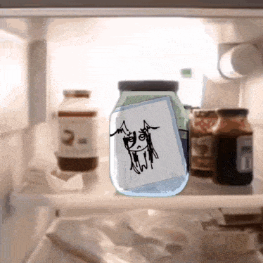 a jar with a drawing of a cat on it in a fridge