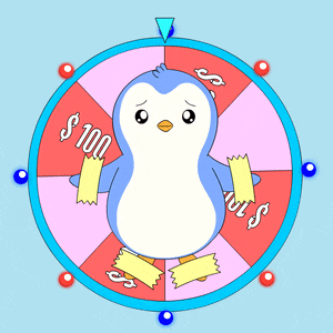 a penguin is on a spinning wheel with a $ 100 sticker on it