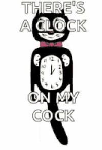 a black cat is holding a clock on its tail .