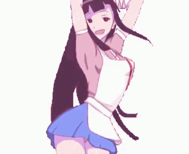 a cartoon girl is dancing with her arms in the air and wearing a blue skirt .