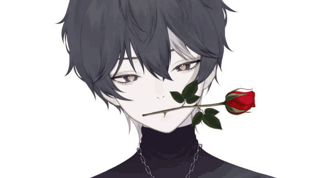 a boy with red eyes is holding a rose in his mouth