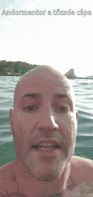 a bald man is swimming in the water with the words andormentor a tozsde capa below him
