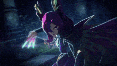 a woman with purple hair is holding a sword in her right hand