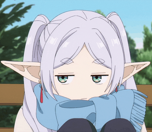 a girl with white hair and green eyes is wearing a scarf