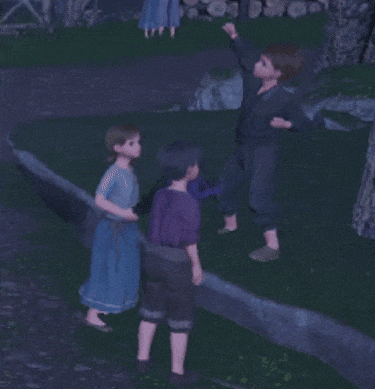 a group of children are standing on a sidewalk and one of them is wearing a purple shirt