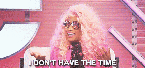 a woman with pink hair and sunglasses is sitting in a chair and saying `` i do n't have the time '' .
