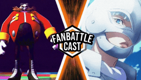 an advertisement for a fan battle cast featuring sonic the hedgehog and a woman in a white mask
