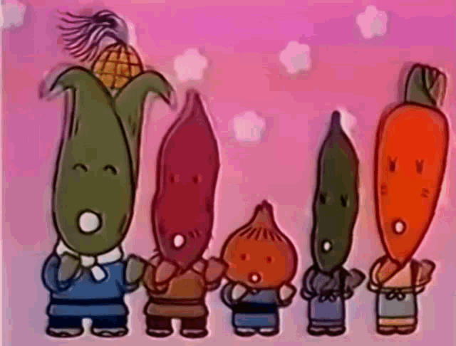 a group of cartoon characters with vegetable faces