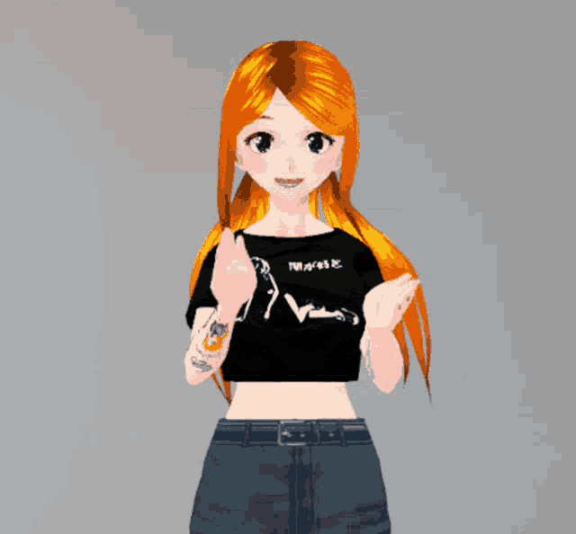 a girl with red hair is wearing a black crop top with the word music on it and jeans