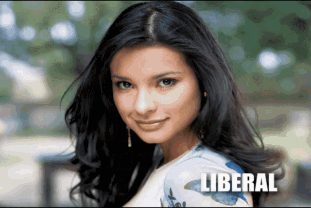 a picture of a woman with liberal written on the bottom
