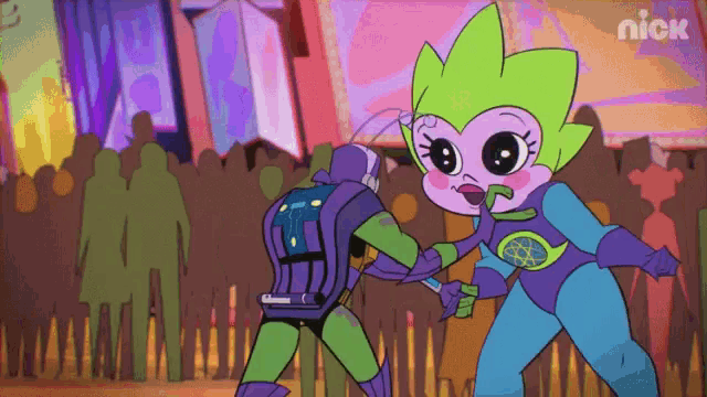 a cartoon of a girl with green hair and a boy with purple arms and a nick logo on the bottom right