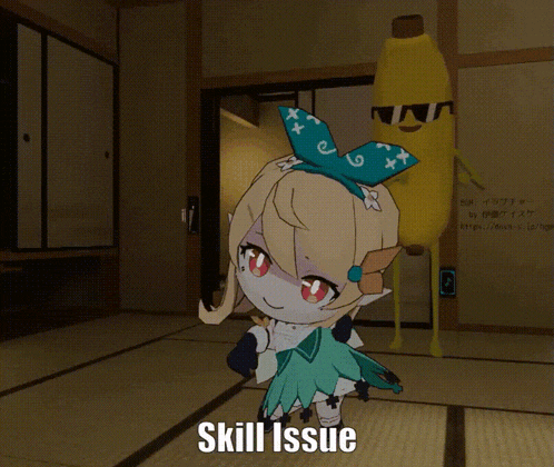 a girl in a green dress is standing in front of a banana with the word skill issue on the bottom