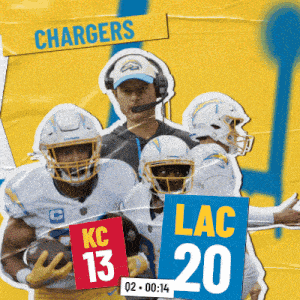 a poster for the chargers shows a man wearing headphones and holding a football