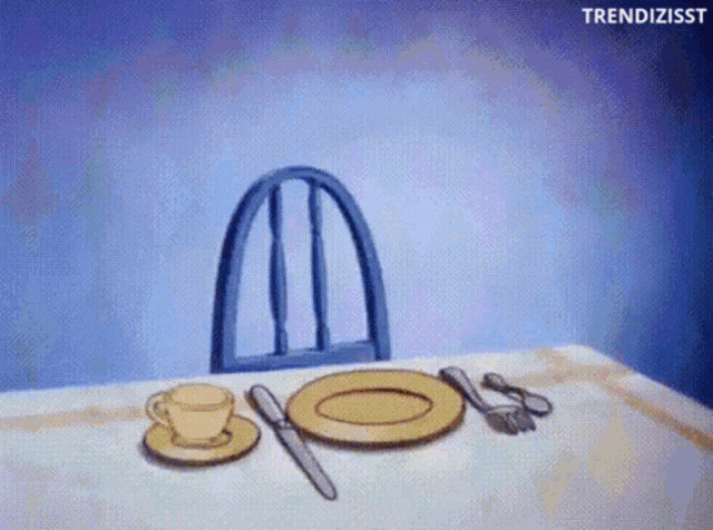 a cartoon drawing of a table with a blue chair and plates and silverware