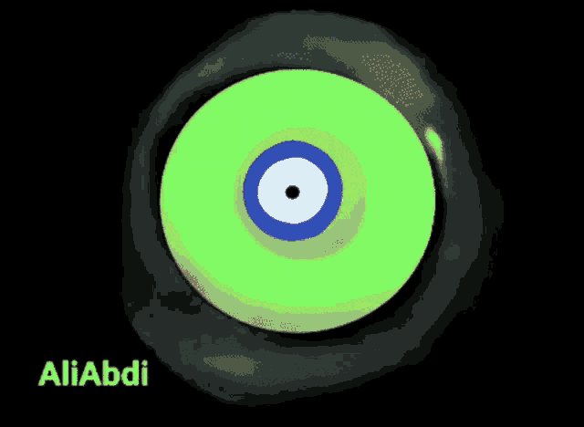 a yellow circle with a blue eye and the name aliabdi