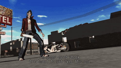 a man holding a chainsaw stands in front of a motel