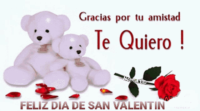 a couple of teddy bears sitting next to a red rose with the words gracias por tu amistad te quiero !