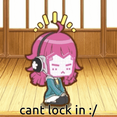 a cartoon girl wearing headphones is sitting on a wooden floor and says cant lock in /