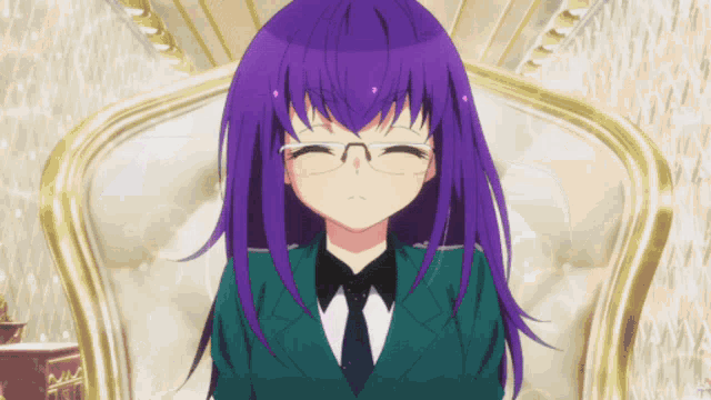 a girl with purple hair and pink eyes has glasses