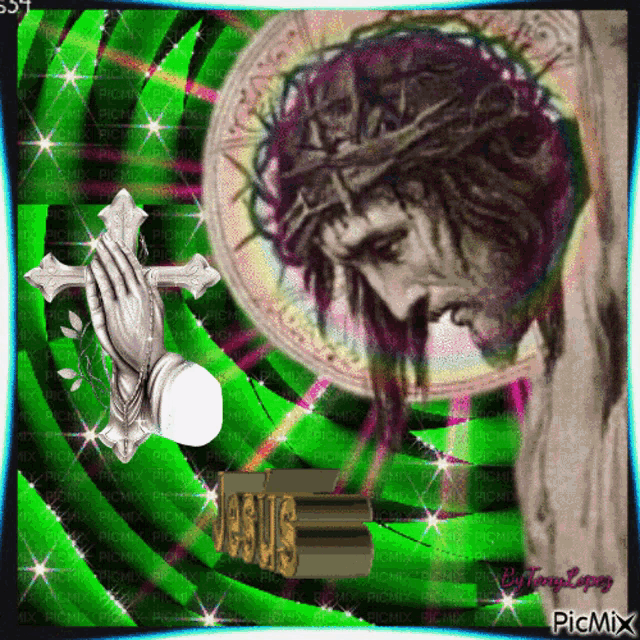 a picture of jesus with a cross and the word jesus on the bottom right