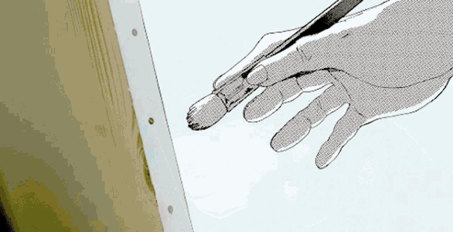 a black and white drawing of a hand holding a paint brush