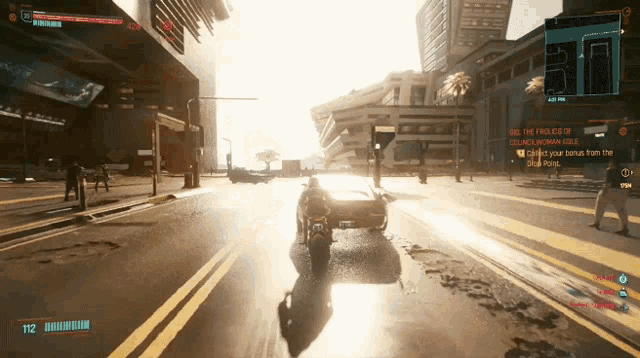 a screenshot of a video game shows a car driving down a street