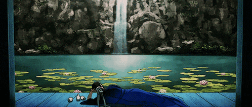 a person is laying in front of a waterfall in a painting