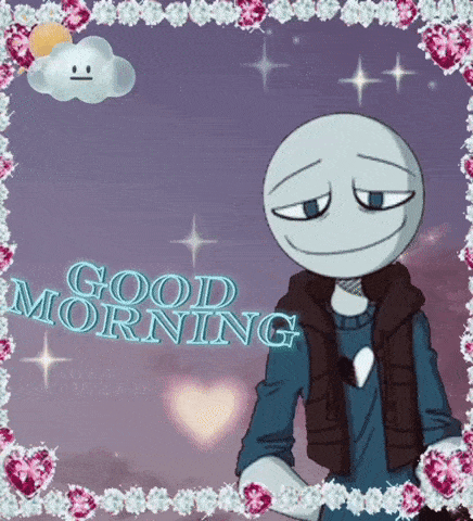 a cartoon character is standing in front of a frame that says good morning