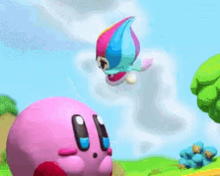 a pixel art of kirby looking at a butterfly flying in the sky